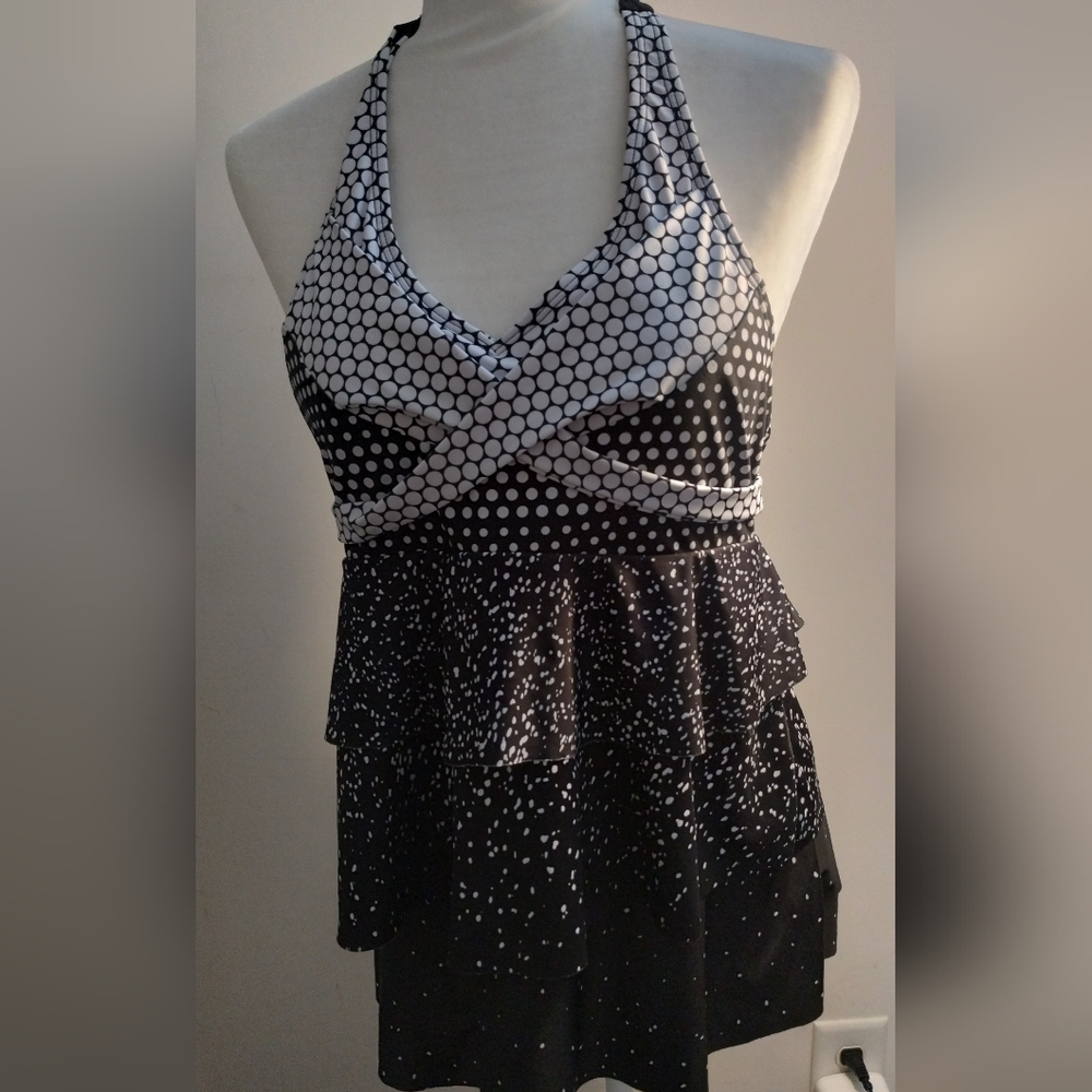 Black and White Polka Dot Halter Tankini